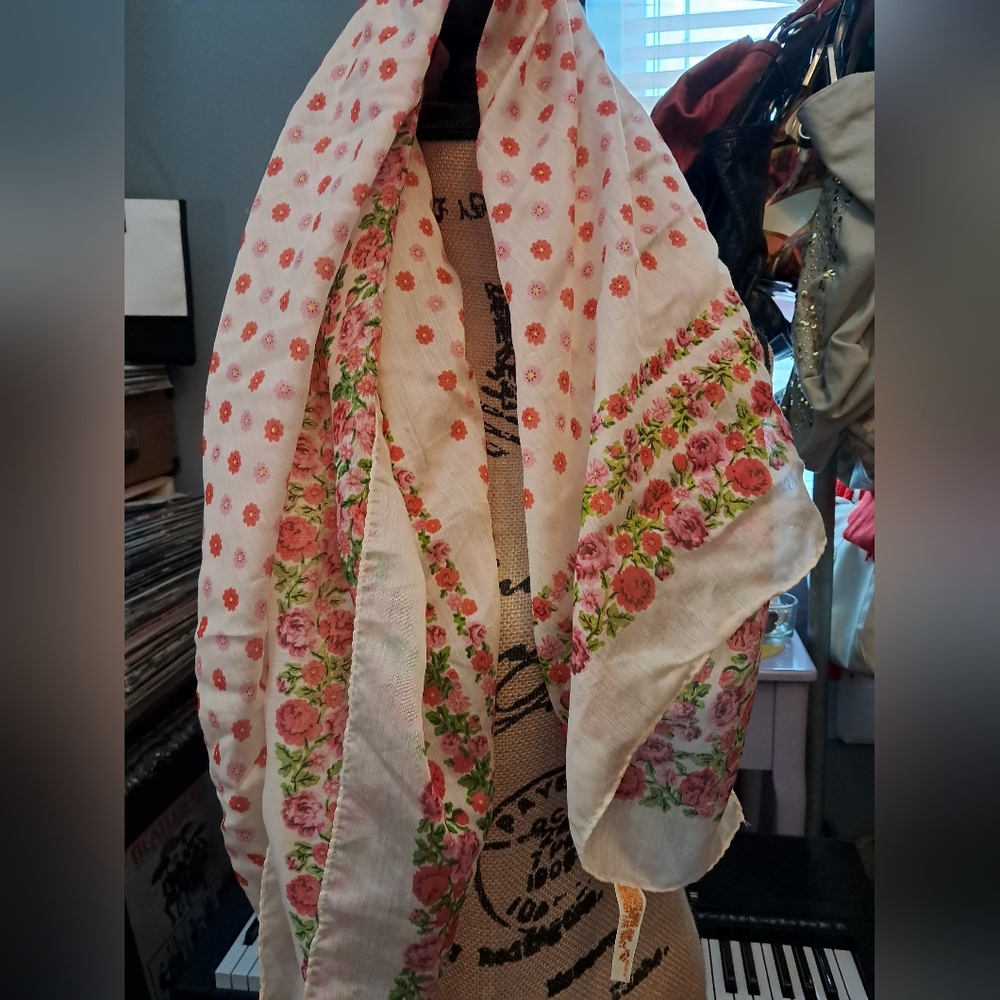 Vintage Sears oversized pink/green floral scarf